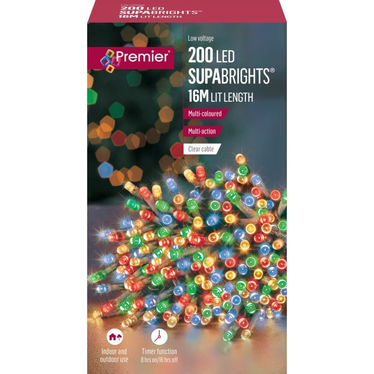 Premier 200 LED Multi Action Supabrights With Timer Multi Coloured Clear Cable