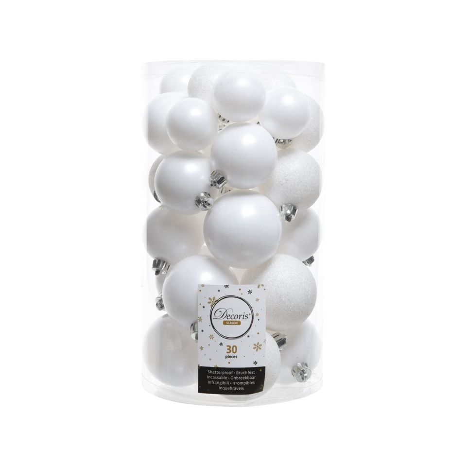 Kaemingk Shatterproof Baubles Mixed Pack 30 Winter White  - 40/50/60mm