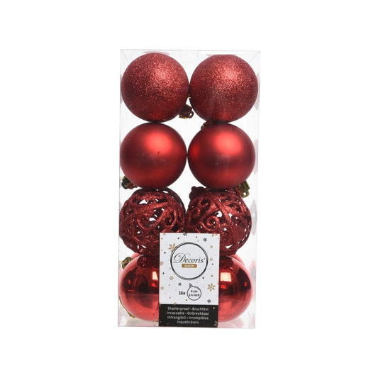 Kaemingk Shatterproof Baubles 6cm Christmas Red Mix Pack 16