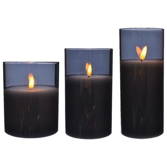 Kaemingk LED Wax Candle In Glass Smokey Set 3