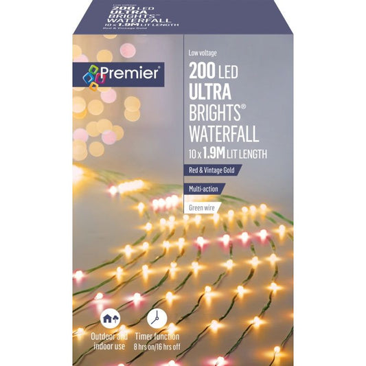 Premier Ultra Bright Waterfall 200 LEDs 2m Red/Vintage Gold