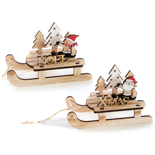 Premier Wooden Sleigh Santa Snowman Noel 19cm