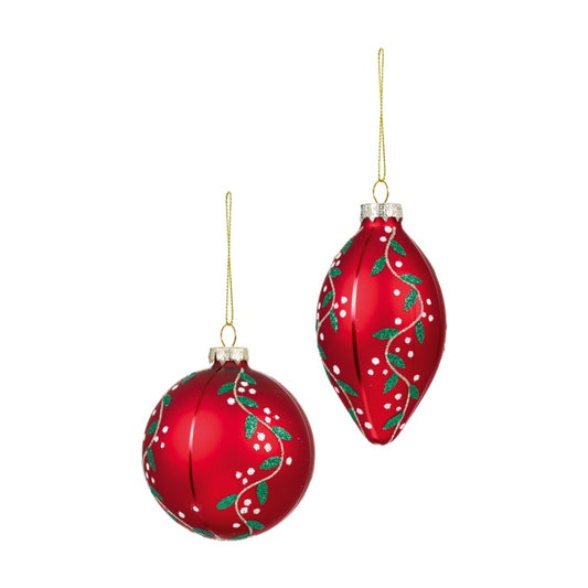 Premier Matt Red Glass Bauble With Green Leaf Design 80-110cm Assorted