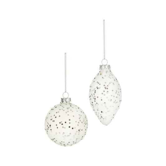 Premier White Frosted Glass Bauble With Silver Star Sequins 80-110cm Assorted