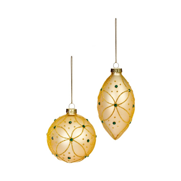 Premier Matt Gold Bauble With Glitter Swirl & Green Jewels 80-120 Assorted