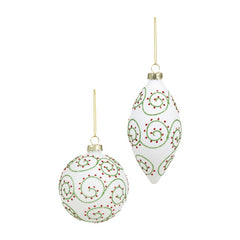 Premier Matt White Glass Bauble With Green & Red Glitter 80-130 Assorted