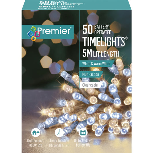 Premier 100 LED Multi Action Battery Operated TIMELIGHTS™ White/Warm White/Clear Cable