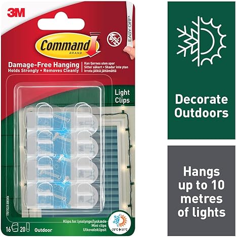 3M Command Damage-Free Outdoor Hanging Light Clips, Pack of 16, Clear