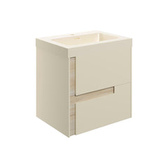 Glass 605mm Wall Hung 2 Drawer Basin Unit & Co-ordinating Basin - Matt Cotton & Oak Effect