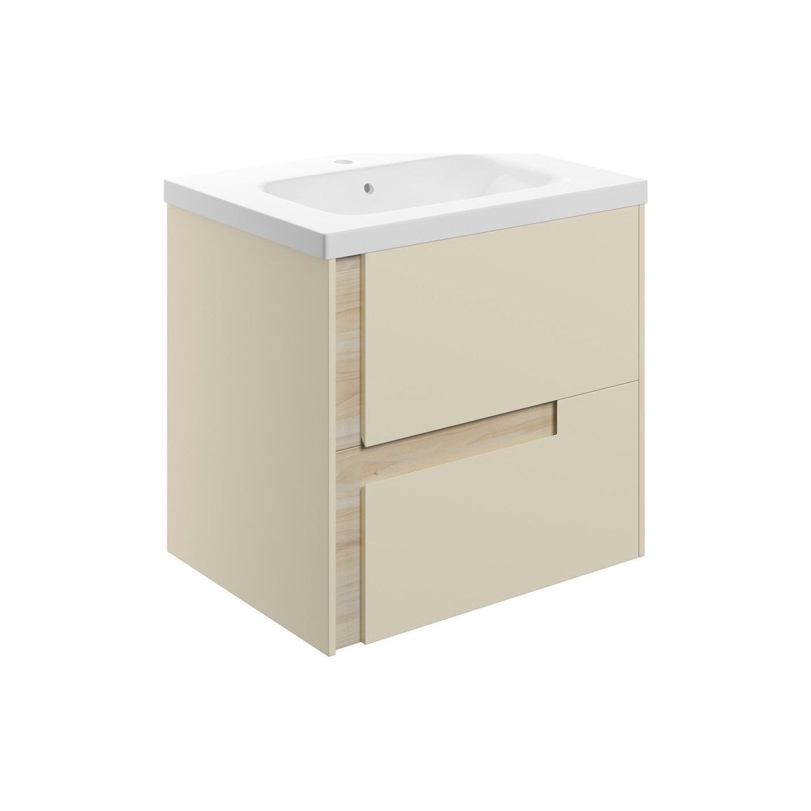 Glass 615mm Wall Hung 2 Drawer Basin Unit & White Basin - Matt Cotton & Oak Effect