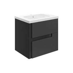 Glass 615mm Wall Hung 2 Drawer Basin Unit & White Basin - Matt Black & Glass