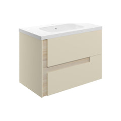 Glass 815mm Wall Hung 2 Drawer Basin Unit & White Basin - Matt Cotton & Oak Effect