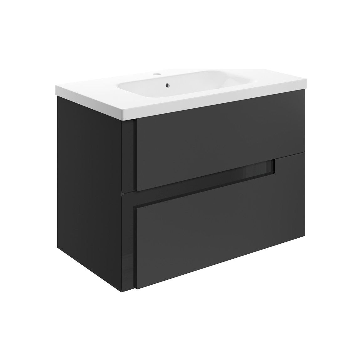 Glass 815mm Wall Hung 2 Drawer Basin Unit & White Basin - Matt Black & Glass