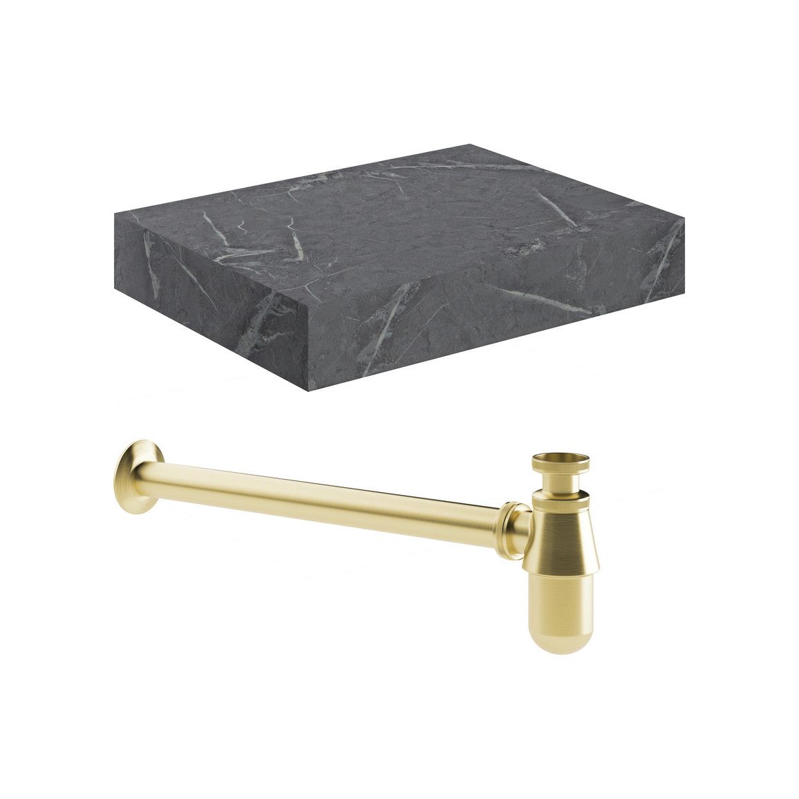 Ayda 600mm Wall Hung Grey Marble Basin Shelf & Brushed Brass Bottle Trap