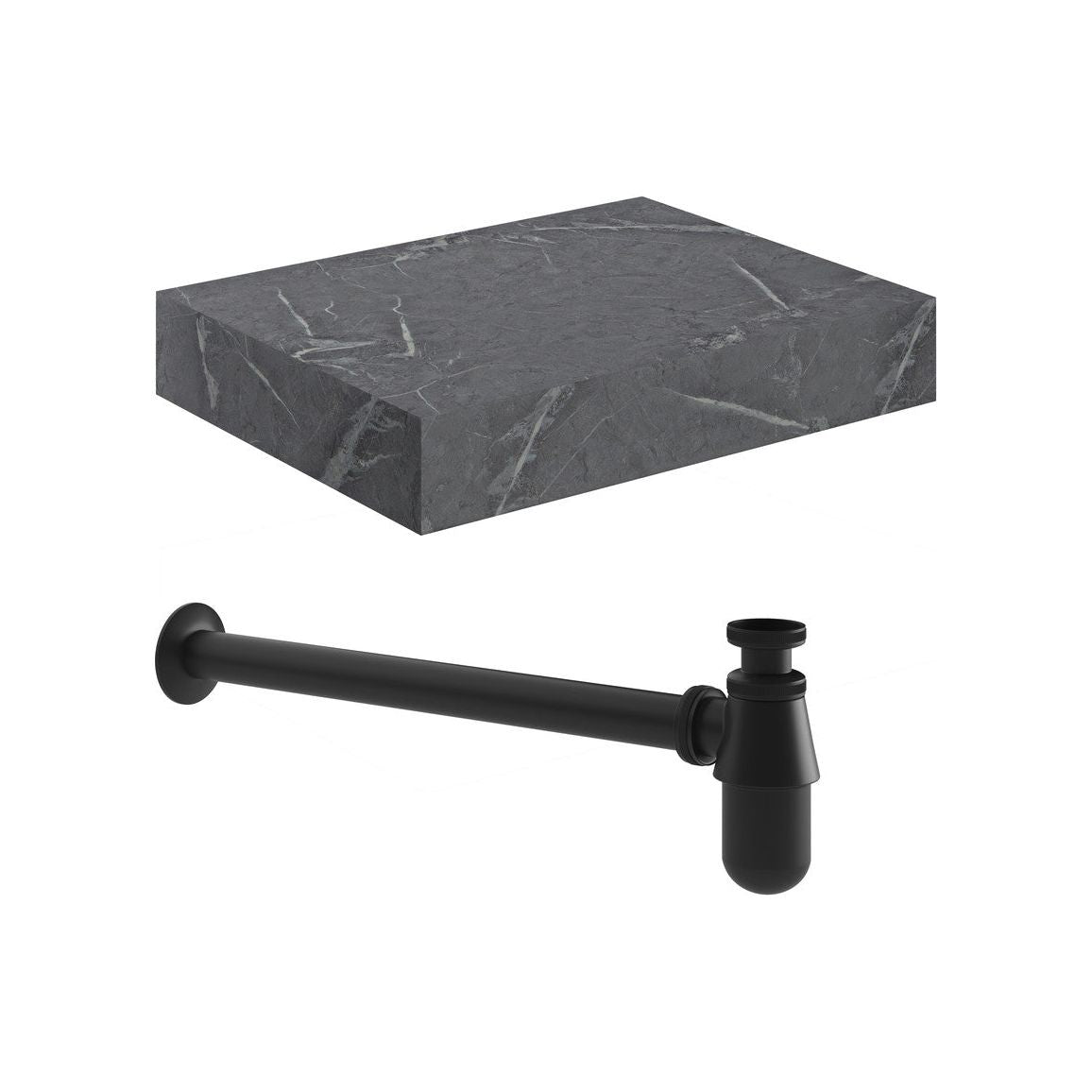 Ayda 600mm Wall Hung Grey Marble Basin Shelf & Black Bottle Trap