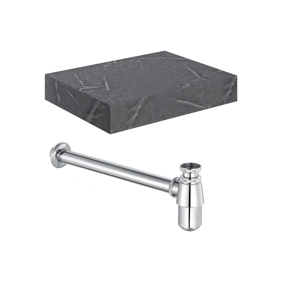 Ayda 600mm Wall Hung Grey Marble Basin Shelf & Chrome Bottle Trap