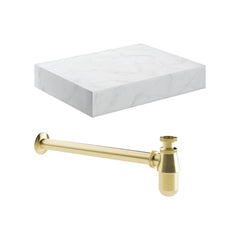 Ayda 600mm Wall Hung White Marble Basin Shelf & Brushed Brass Bottle Trap