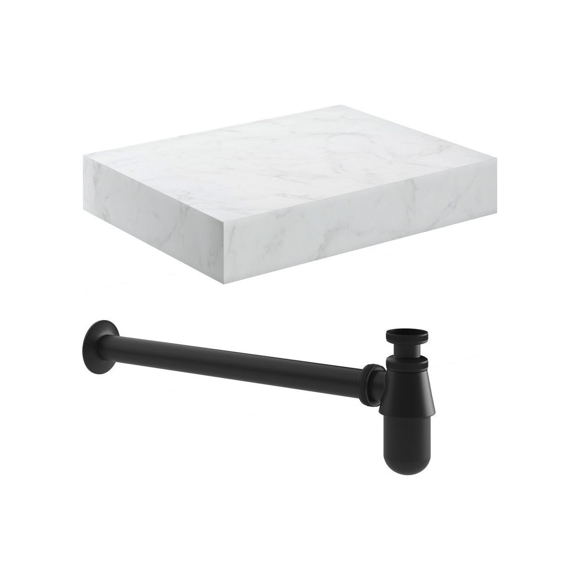 Ayda 600mm Wall Hung White Marble Basin Shelf & Black Bottle Trap