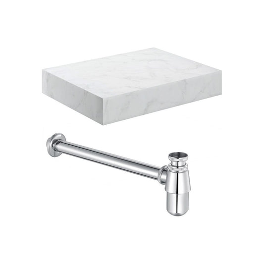 Ayda 600mm Wall Hung White Marble Basin Shelf & Chrome Bottle Trap