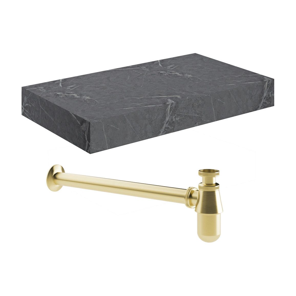 Ayda 800mm Wall Hung Grey Marble Basin Shelf & Brushed Brass Bottle Trap