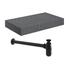 Ayda 800mm Wall Hung Grey Marble Basin Shelf & Black Bottle Trap