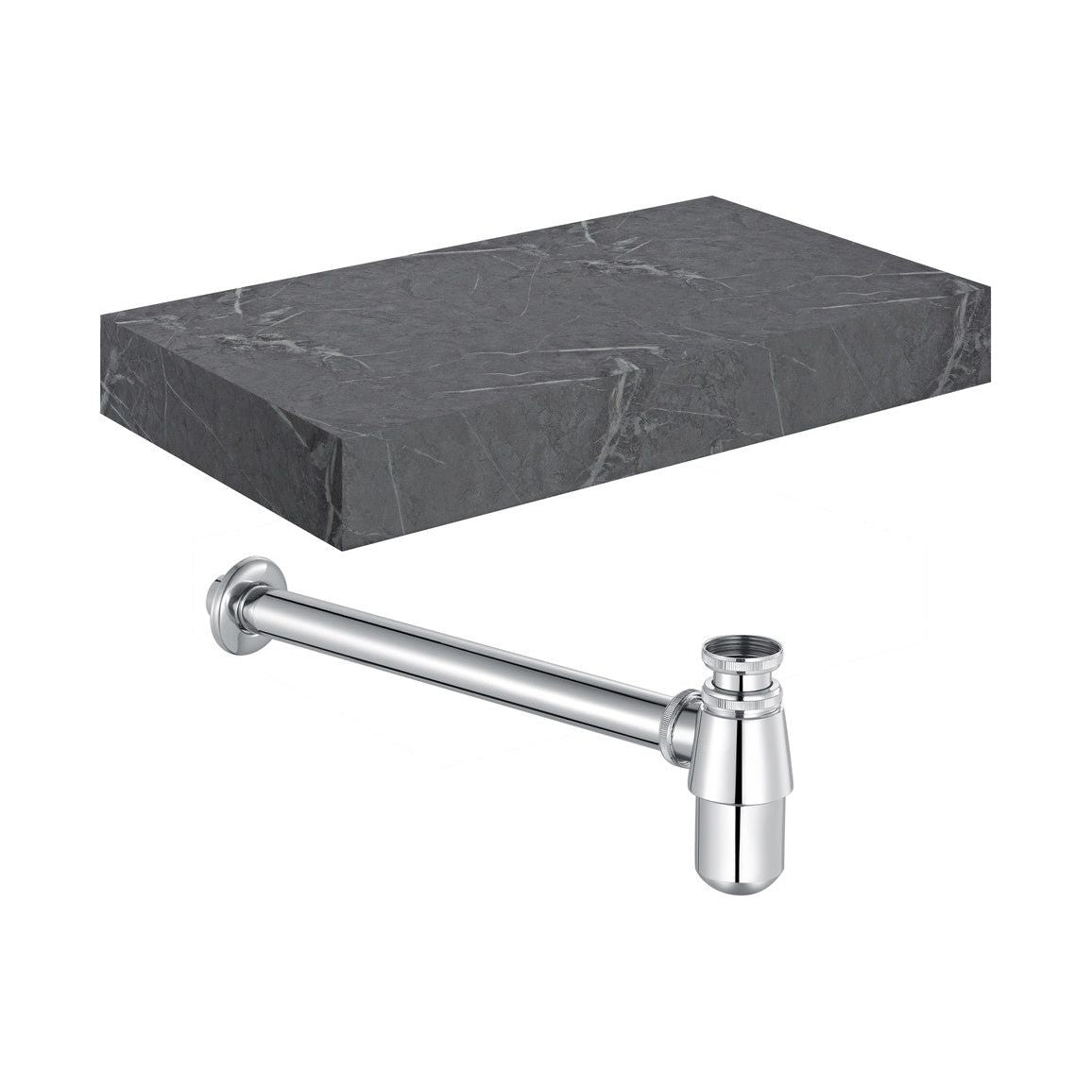 Ayda 800mm Wall Hung Grey Marble Basin Shelf & Chrome Bottle Trap