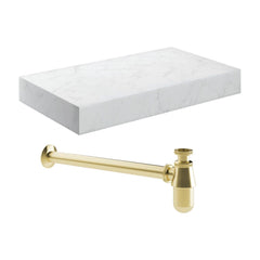 Ayda 800mm Wall Hung White Marble Basin Shelf & Brushed Brass Bottle Trap