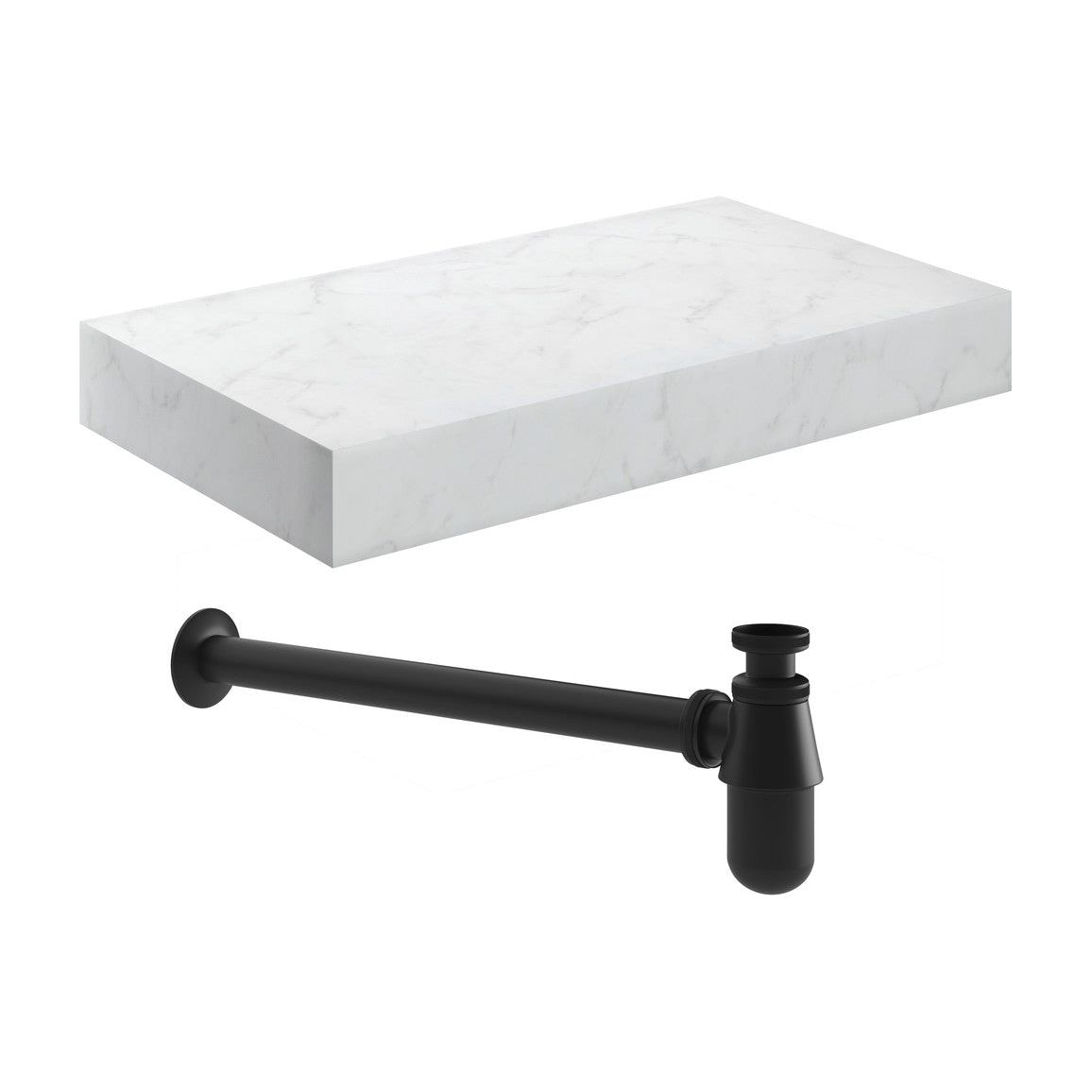 Ayda 800mm Wall Hung White Marble Basin Shelf & Black Bottle Trap