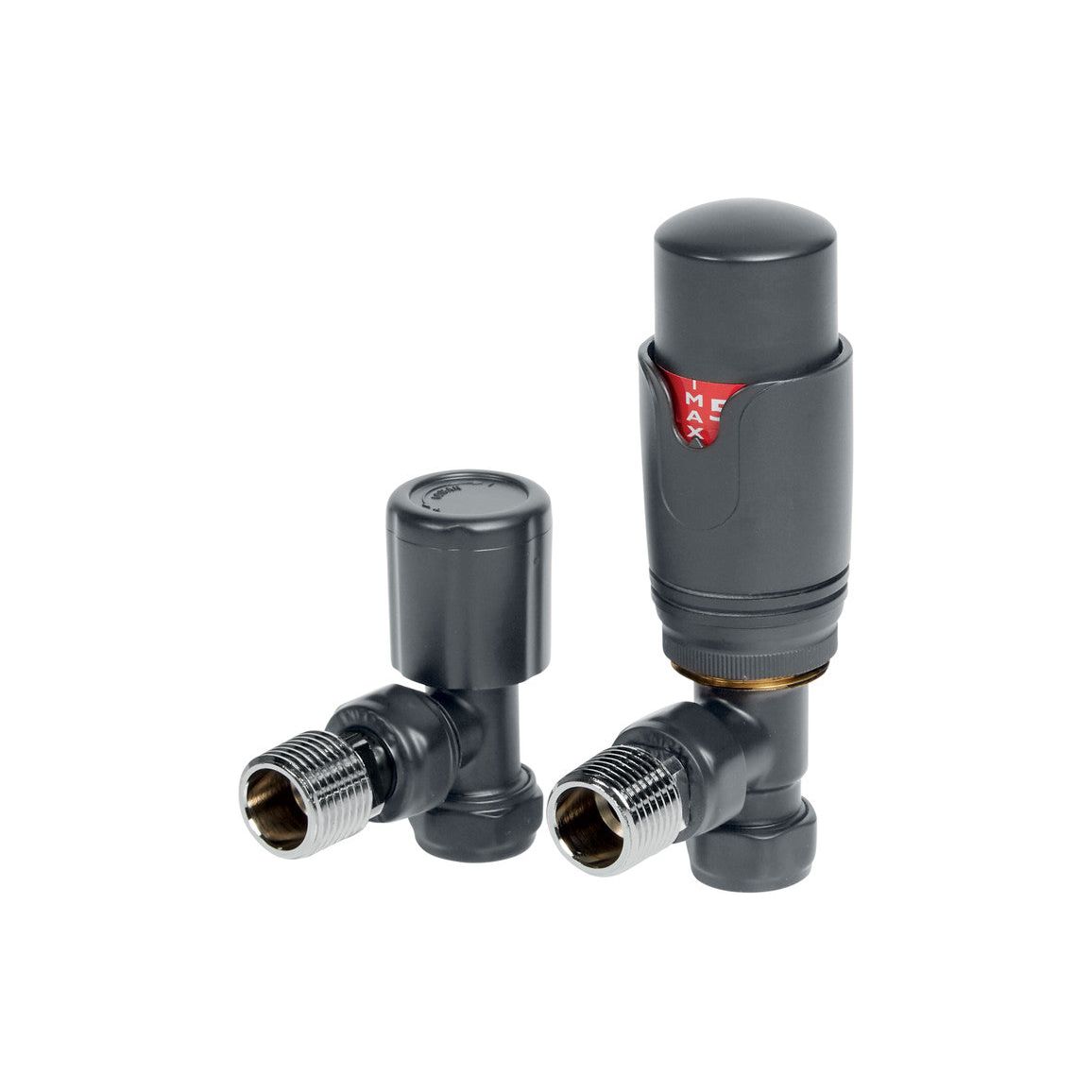 Round Thermostatic Anthracite Radiator Valves - Angled