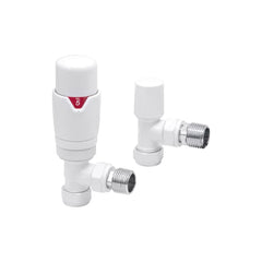 Round Thermostatic White Radiator Valves - Angled