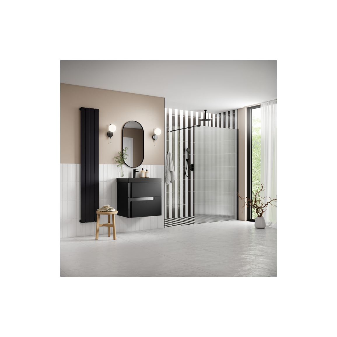 Casa 1200mm Fluted Wetroom Panel & Support Bar - Black