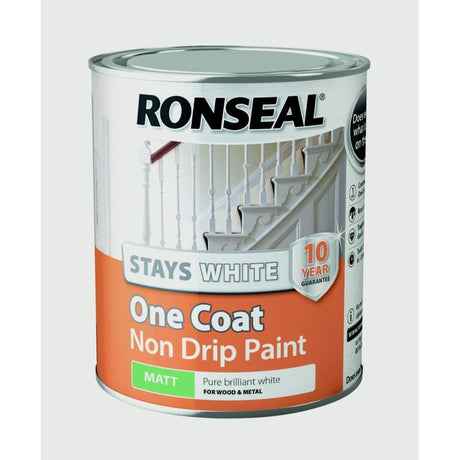 Ronseal Stays White One Coat Non Drip Paint - Matt- Pure Brilliant White