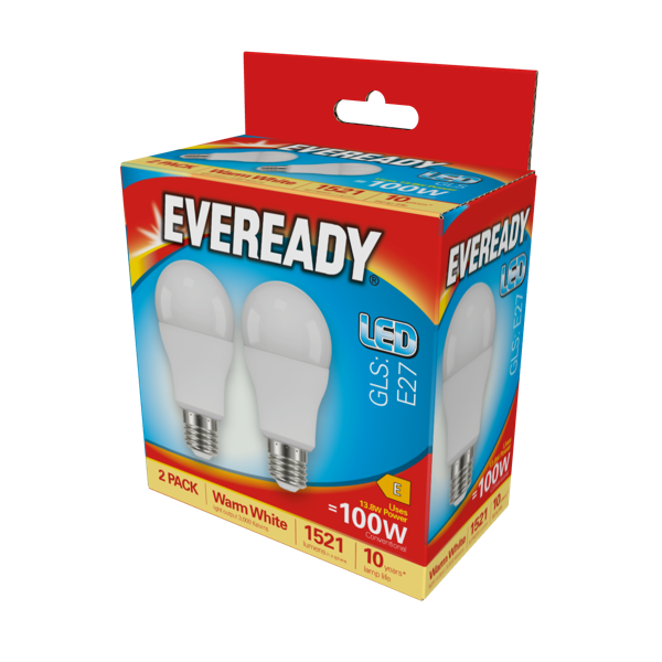 Eveready LED GLS ES E27 3000k Warm White Pack 2