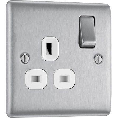 BG Electrical Single Socket - White Inserts - Brushed Steel - (NBS21W-01)