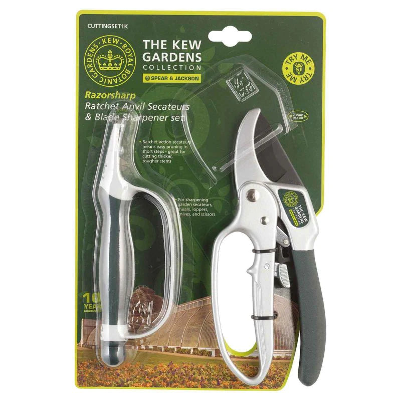 Buy Spear and Jackson Kew Gardens Razorsharp CUTTINGSET1K Ratchet Anvil Secateurs and Sharpener Set From JDS DIY