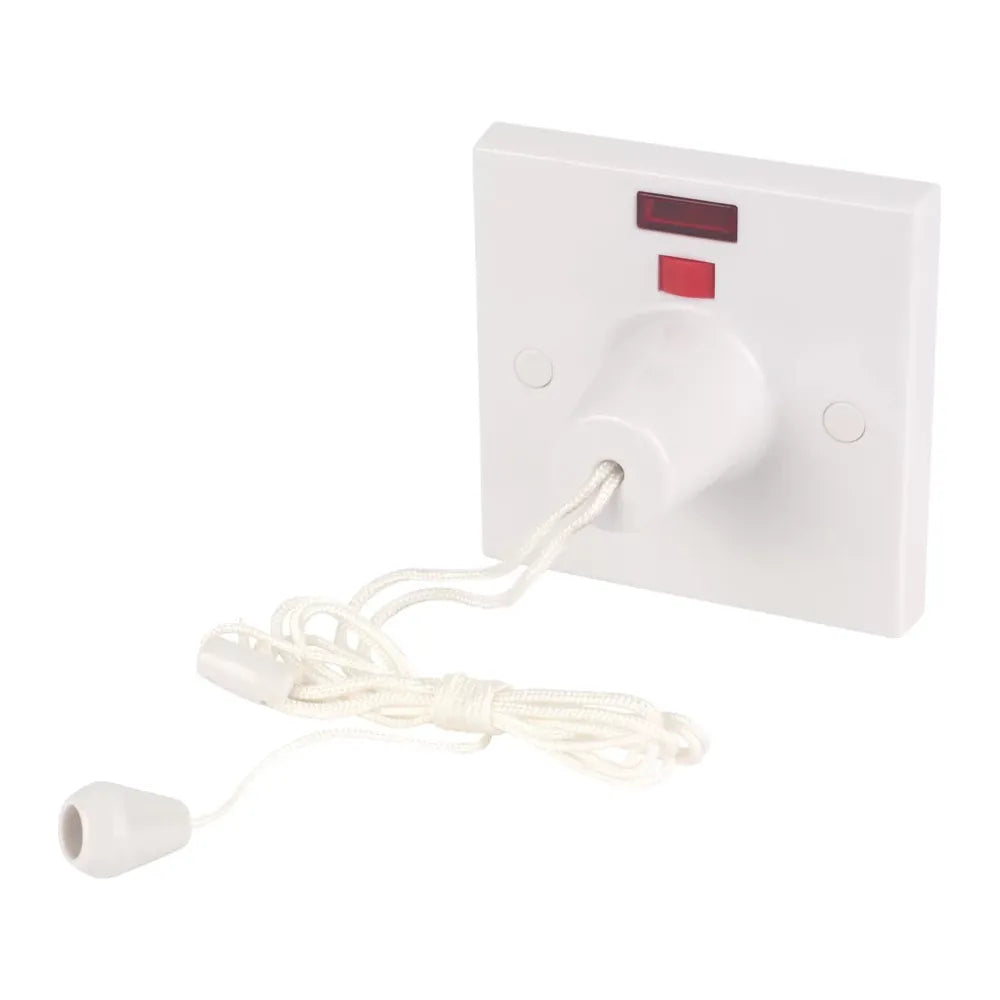 45 Amp Pull Cord Switch with Neon, Shower Switch, White