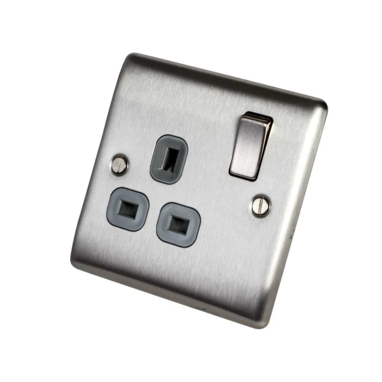 Buy Masterplug 13A 1 Gang Metal Brushed Steel Double Pole Switched Socket Grey Insert | JDSDIY.COM