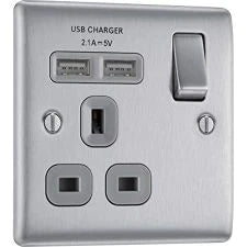 Buy BG Electrical Single Switched Power Socket with USB Ports - Brushed Steel (NBS21U2G-01) From JDS DIY