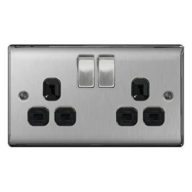 Buy BG Metal Double 13A Plug Socket - Brushed Steel - Black Inserts - (NBS22B-01) From JDS DIY