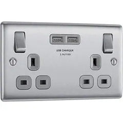 Buy BG Electrical Double Socket with Two USB slots - Brushed Steel - NBS22U3W-01 From JDS DIY