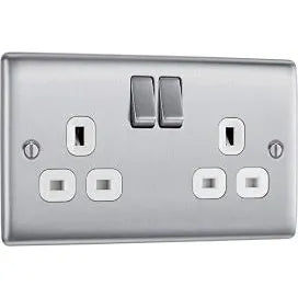 Buy BG Electrical Double Switched Power Socket - White Inserts - Brushed Steel - (NBS22W-01) From JDS DIY
