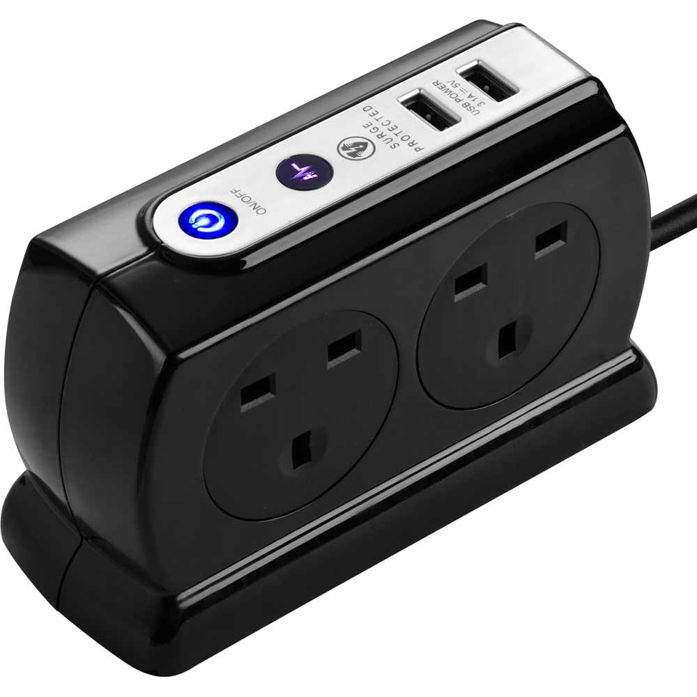 Masterplug Heavy Duty Four Socket Surge Protected Extension Lead with 2 USB Ports, 2 Metre, Black