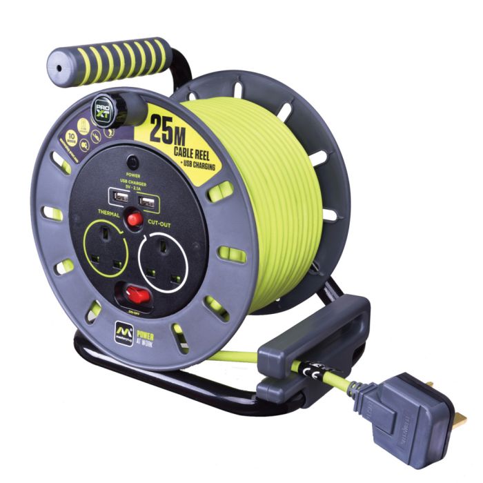 Masterplug 25M 2 Socket Electrical Cable Reel With 2X USB Charging Ports