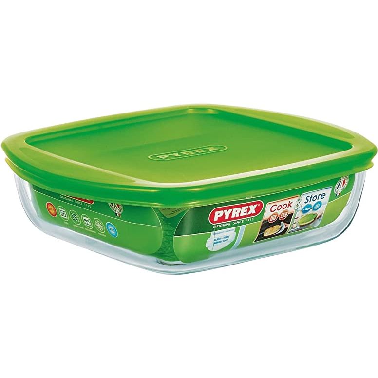 Pyrex Cook & Store 20x17x6 (1L) Sq Box Green Lid Pyrex
